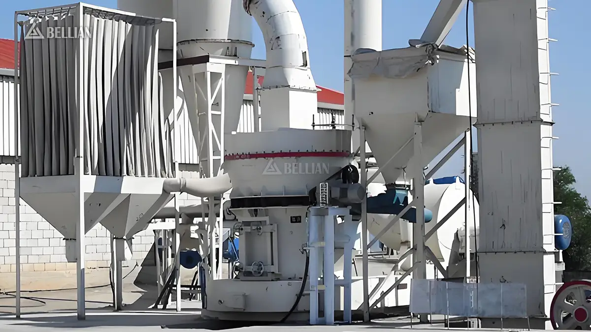 Real operation photo of HGM130 calcite grinding line in Vietnam customer’s factory, workers sort raw calcite ore and pack finished powder bags on site